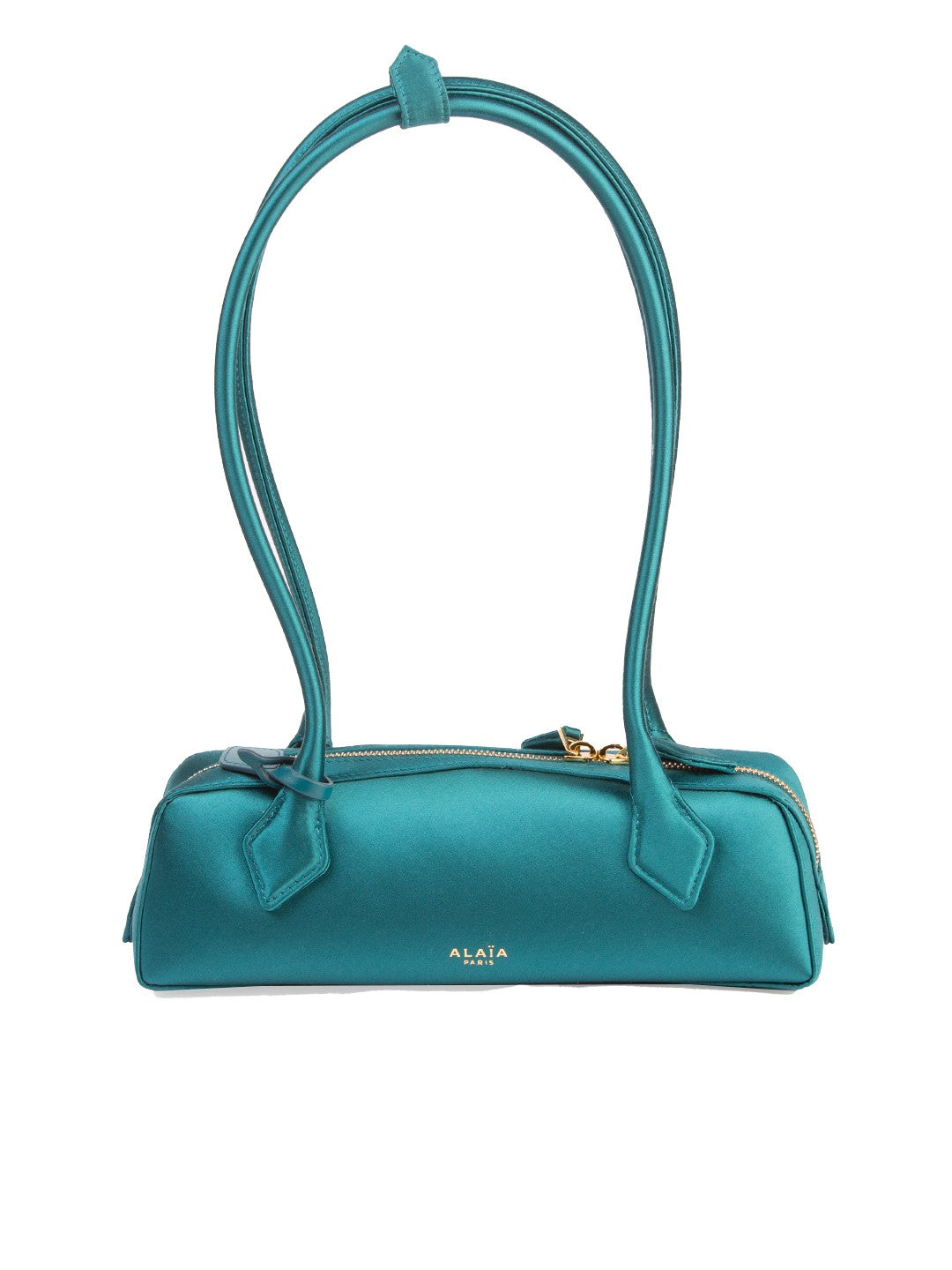 Bolsa Alaïa Le Teckel Small, cetim esmeralda, frente — Domus Giulietta