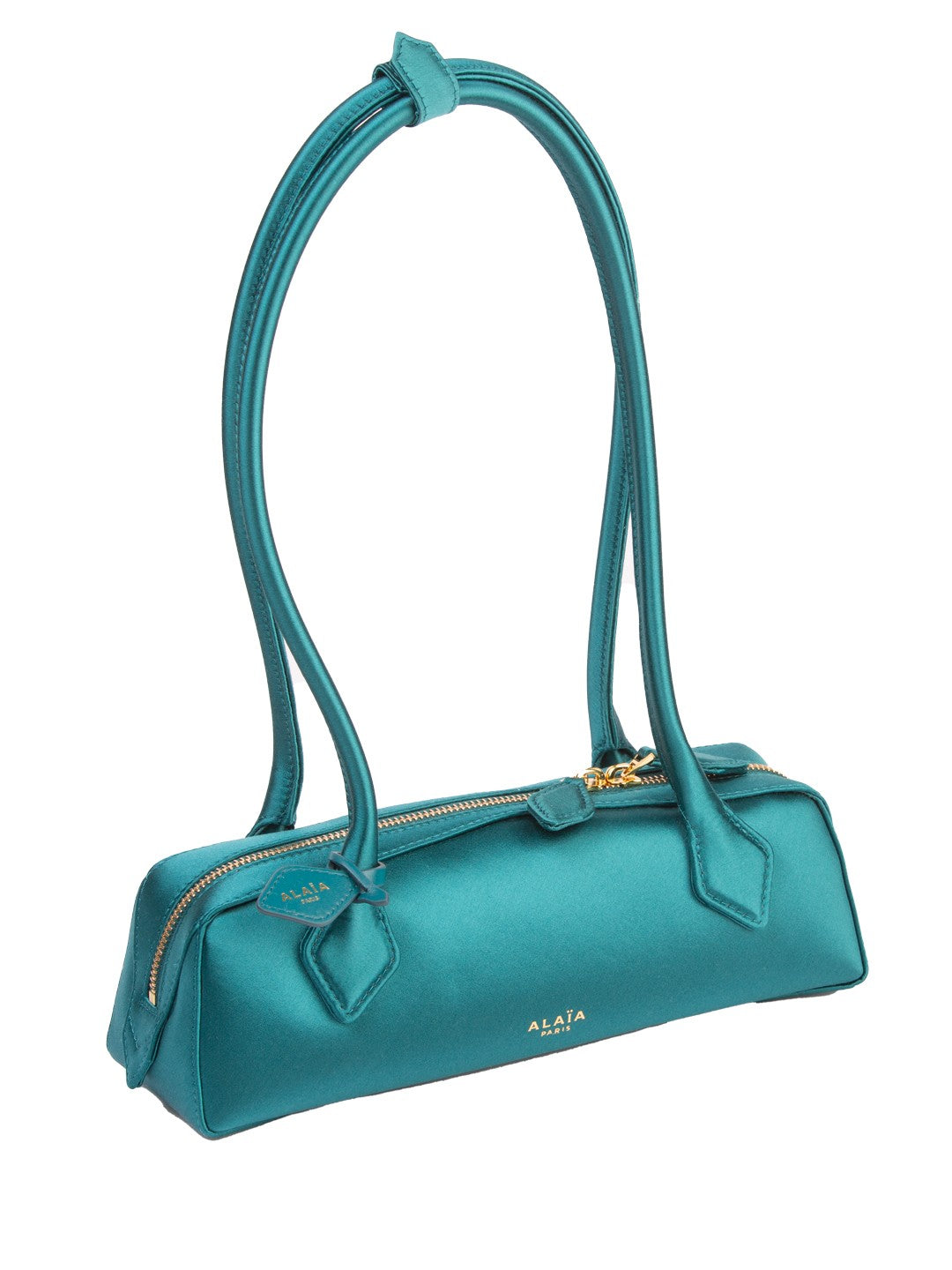 Bolsa Alaïa Le Teckel Small, cetim esmeralda, vista três-quartos — Domus Giulietta