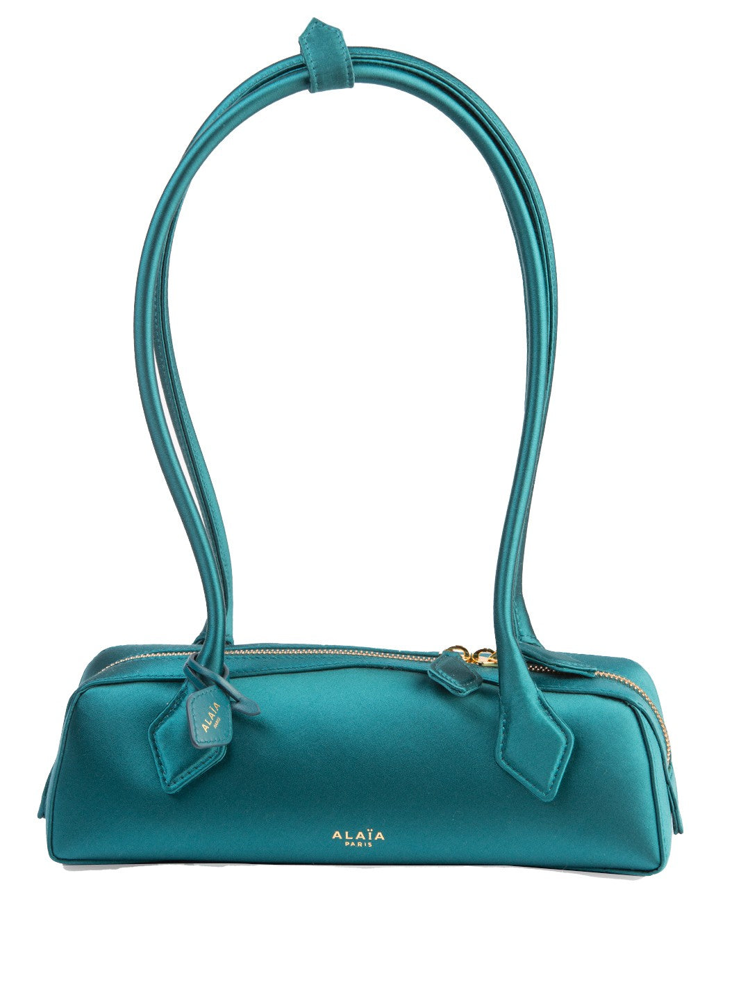 Bolsa Alaïa Le Teckel Small, cetim esmeralda, frente, com os pingentes do zíper — Domus Giulietta
