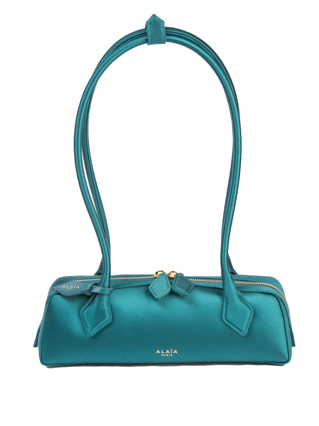Bolsa Alaïa Le Teckel Small, cetim esmeralda, frente em ângulo — Domus Giulietta