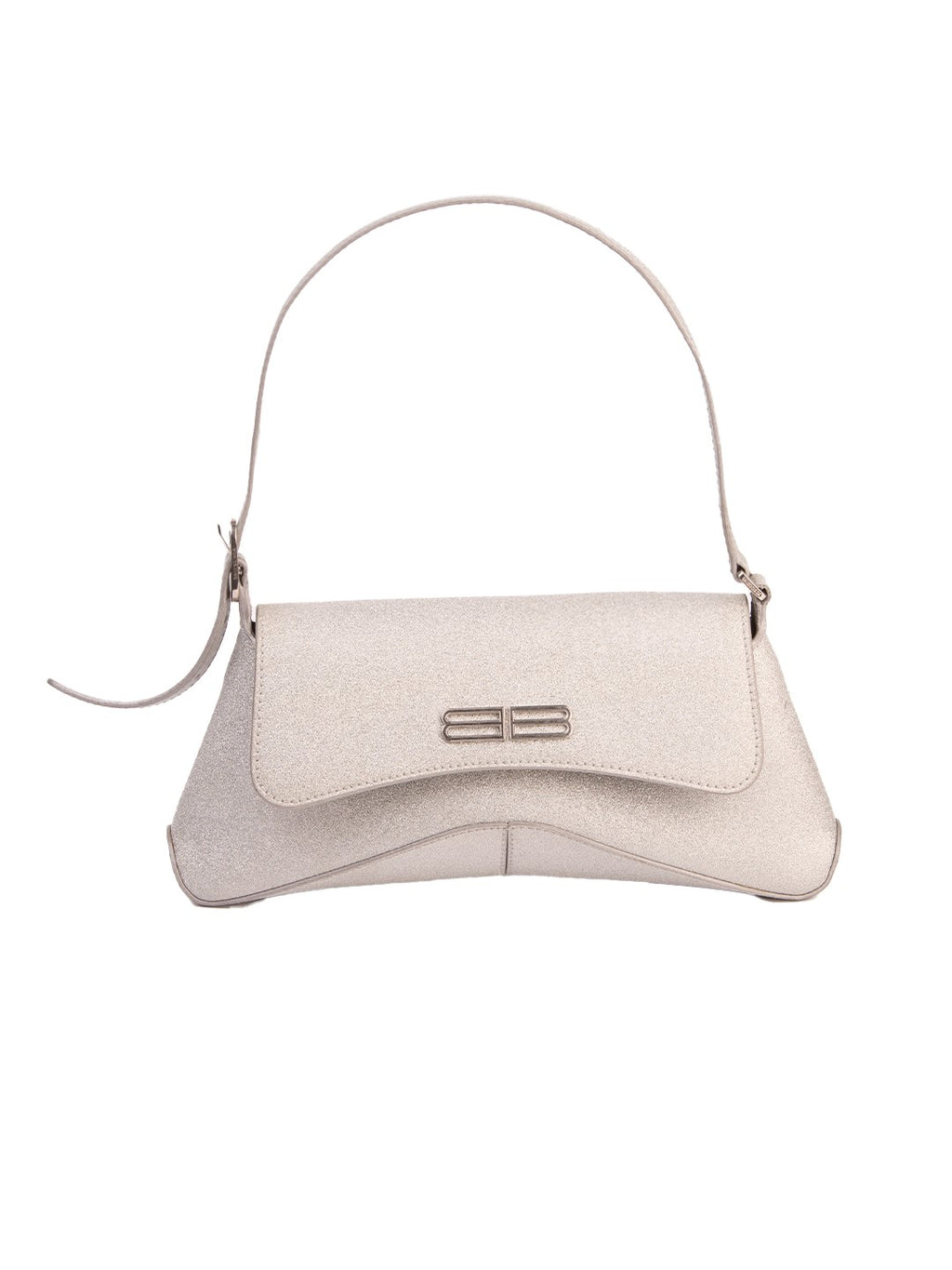 Bolsa Balenciaga XX Flap Small, couro com glitter prata, frente, com o logotipo BB — Domus Giulietta