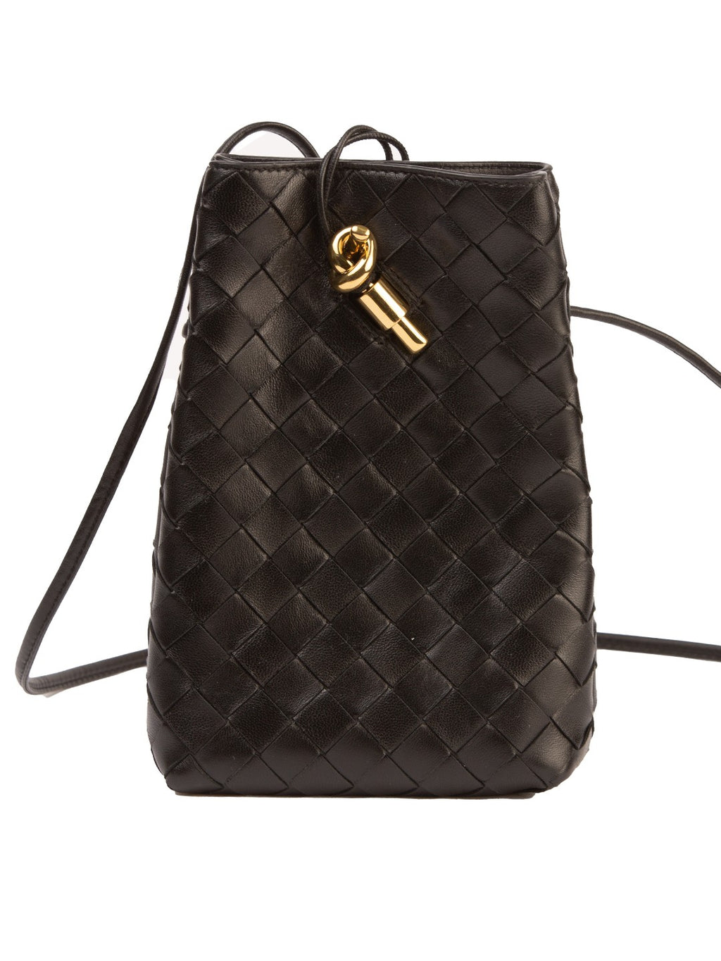 Bolsa Bottega Veneta Mini Bucket Intrecciato, couro intrecciato preto, frente, com o fechamento por cordão e o pingente dourado em nó — Domus Giulietta