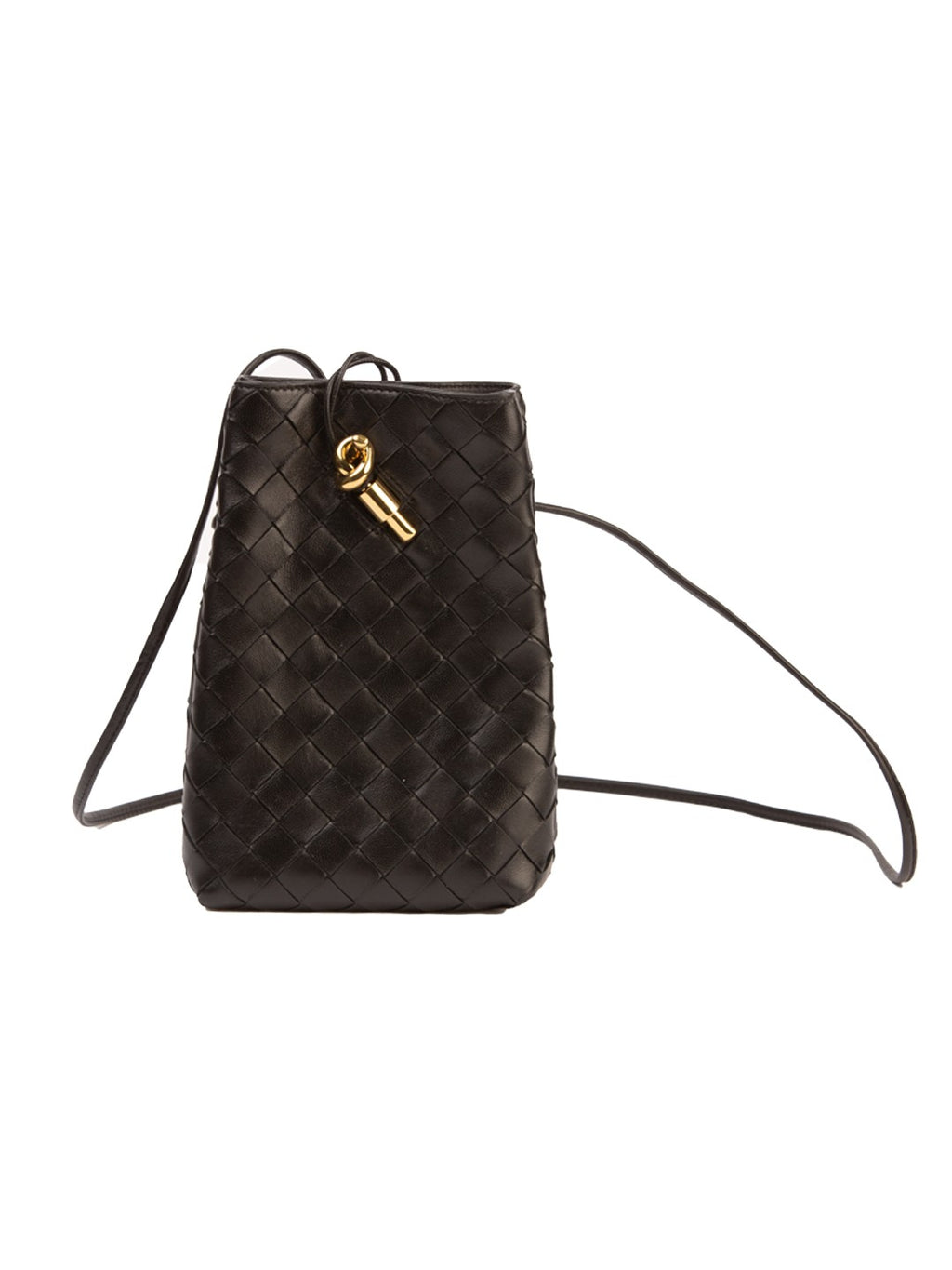 Bolsa Bottega Veneta Mini Bucket Intrecciato, couro intrecciato preto, frente, com a alça longa — Domus Giulietta