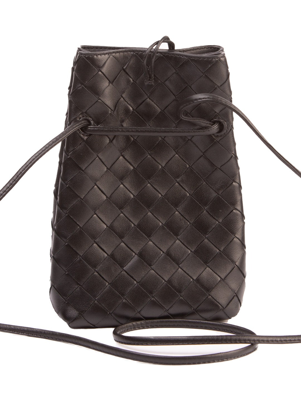 Bolsa Bottega Veneta Mini Bucket Intrecciato, couro intrecciato preto, verso, com o cordão de fechamento — Domus Giulietta