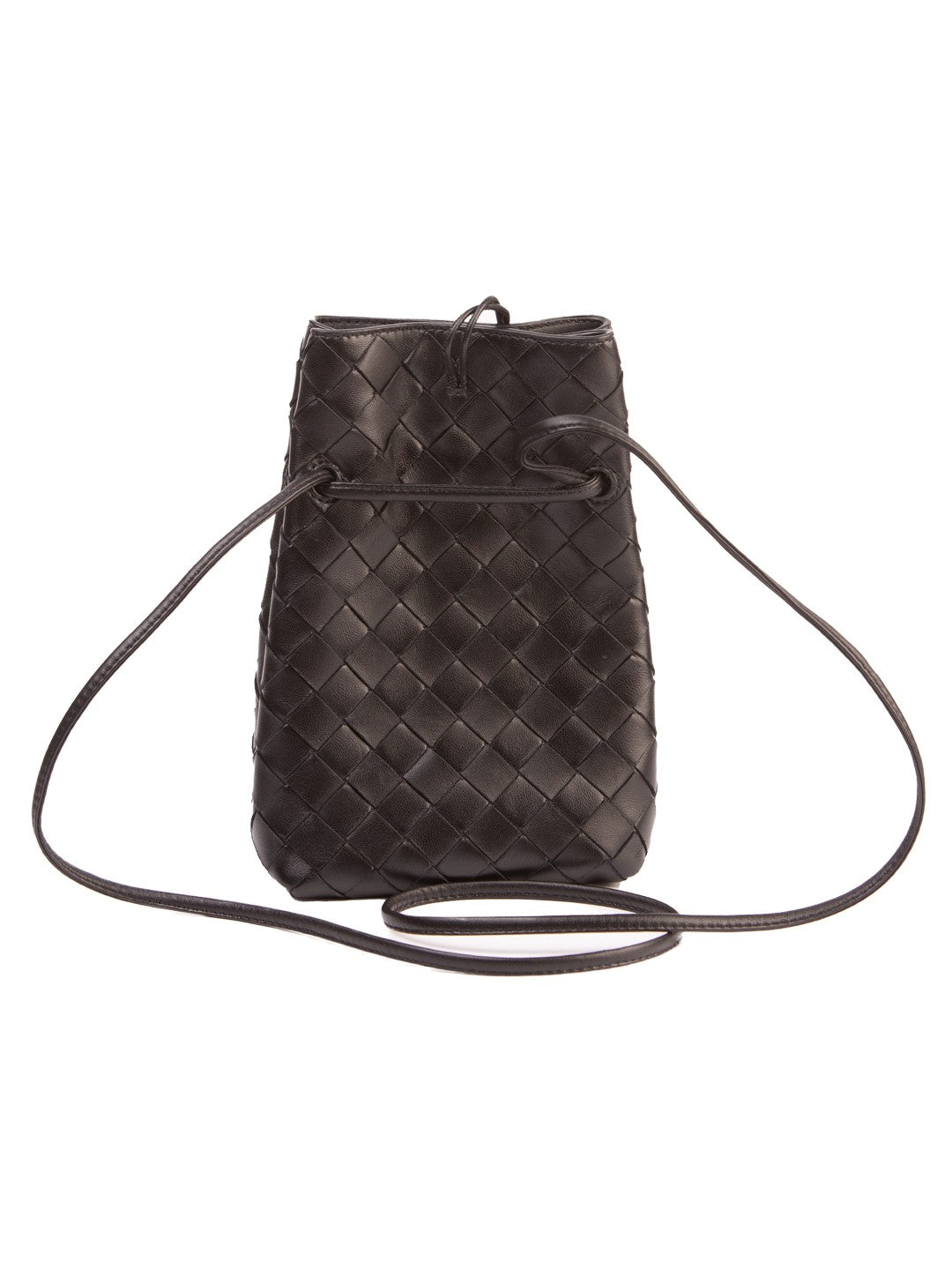 Bolsa Bottega Veneta Mini Bucket Intrecciato, couro intrecciato preto, verso, com a alça longa — Domus Giulietta