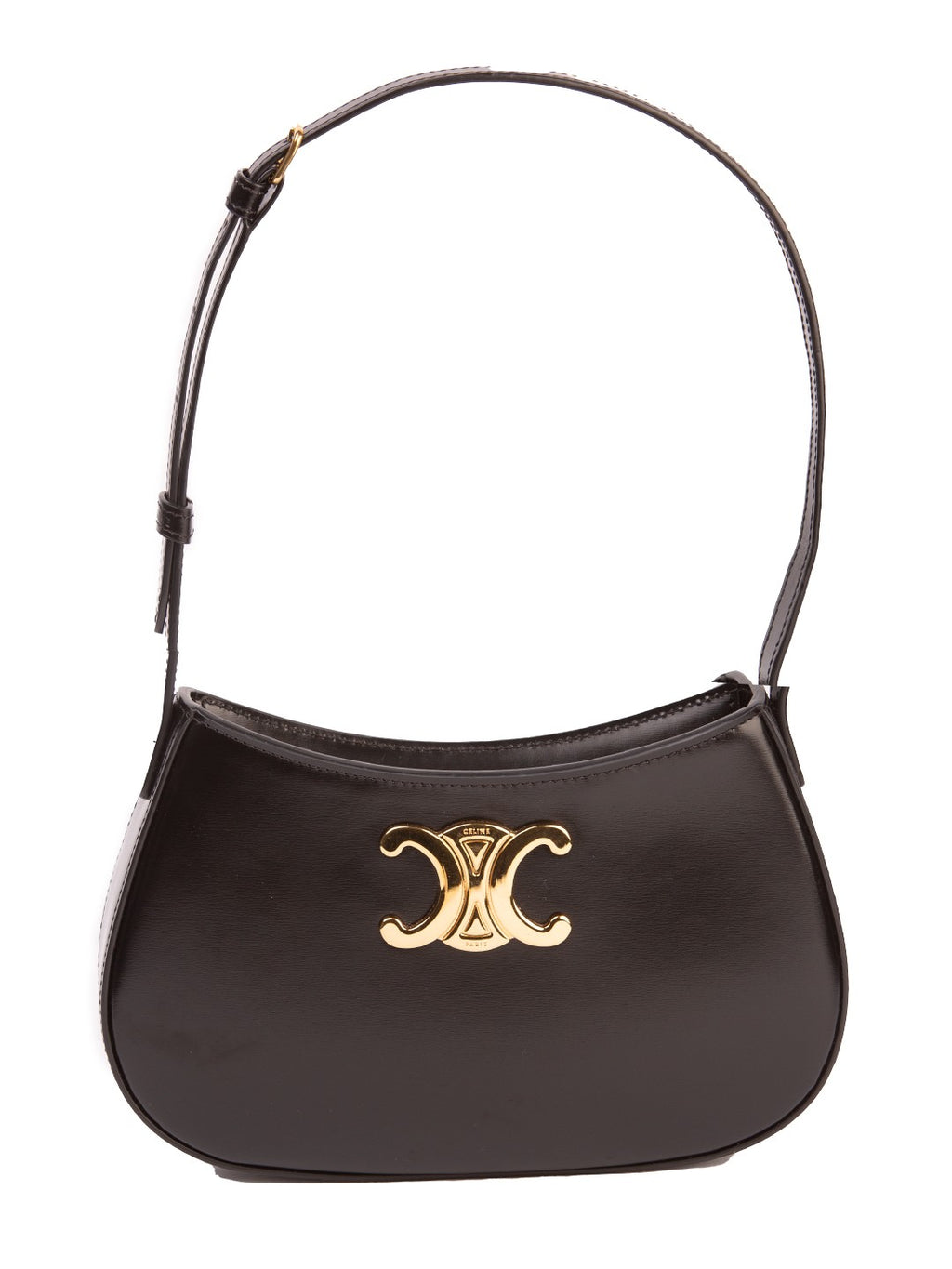 Bolsa Celine Triomphe Classique, couro liso preto, frente, com a placa Triomphe dourada — Domus Giulietta