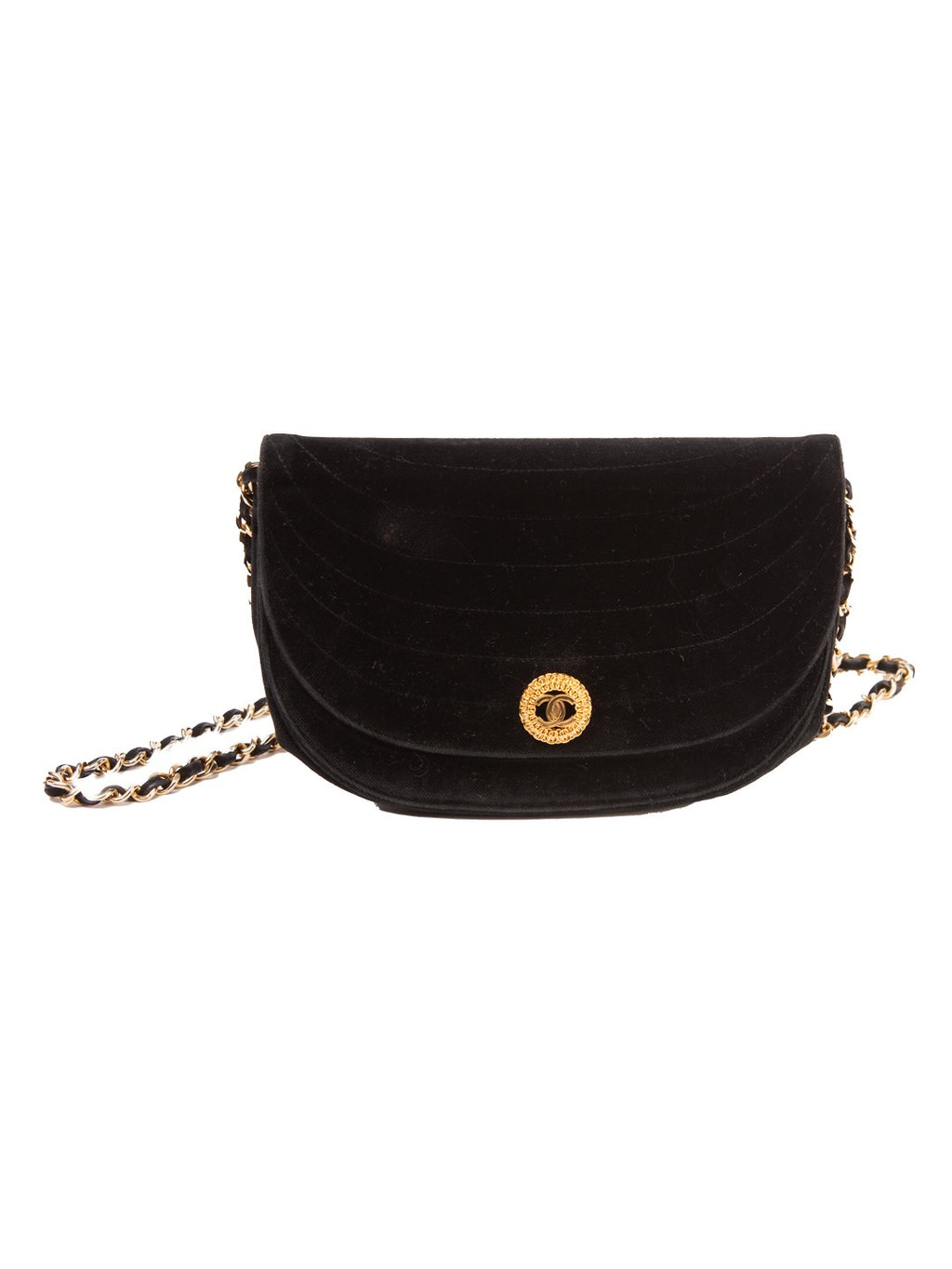 Bolsa Chanel Vintage Meia-Lua, veludo preto, frente, com o fecho giratório CC — Domus Giulietta