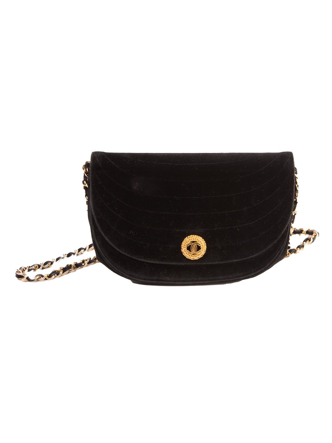 Bolsa Chanel Vintage Meia-Lua, veludo preto, frente, com o fecho giratório CC — Domus Giulietta