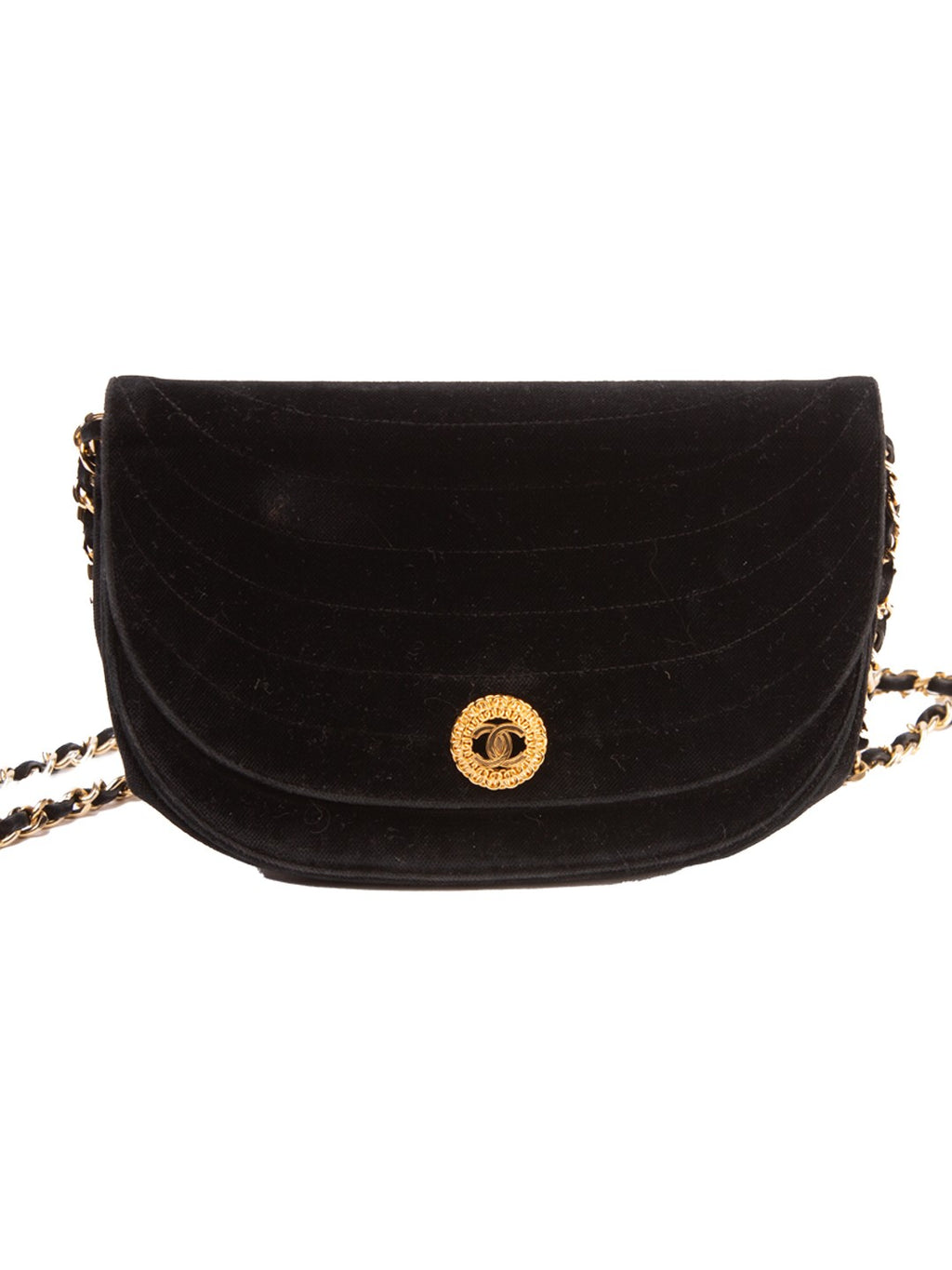 Bolsa Chanel Vintage Meia-Lua, veludo preto, frente, detalhe do fecho giratório CC — Domus Giulietta