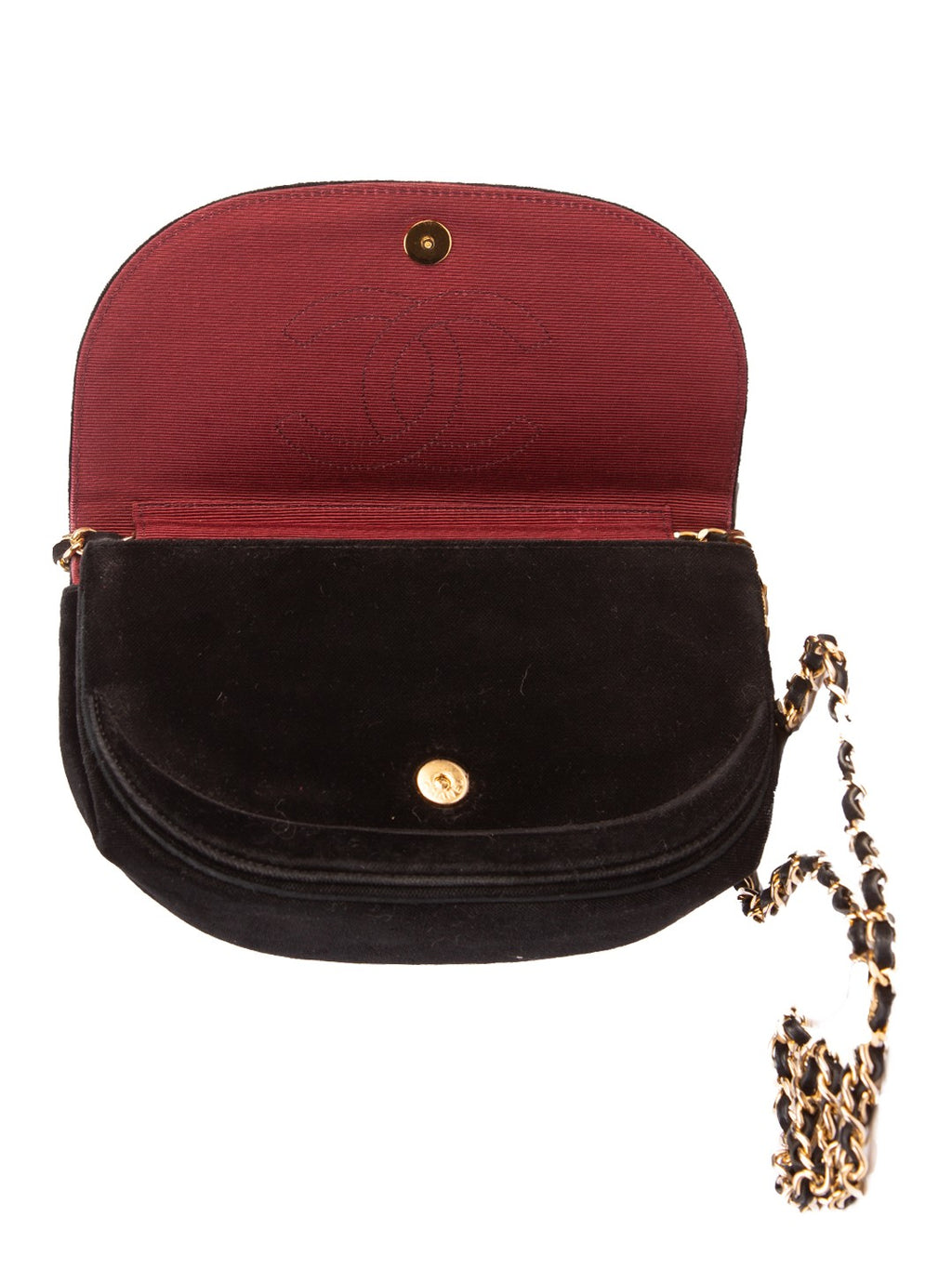 Bolsa Chanel Vintage Meia-Lua, veludo preto, aberta, mostrando o forro bordô — Domus Giulietta