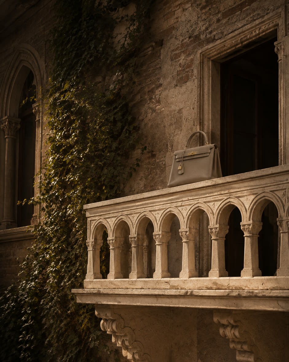 Sacada de pedra da Casa de Giulietta, em Verona, com arcos e uma bolsa apoiada no parapeito