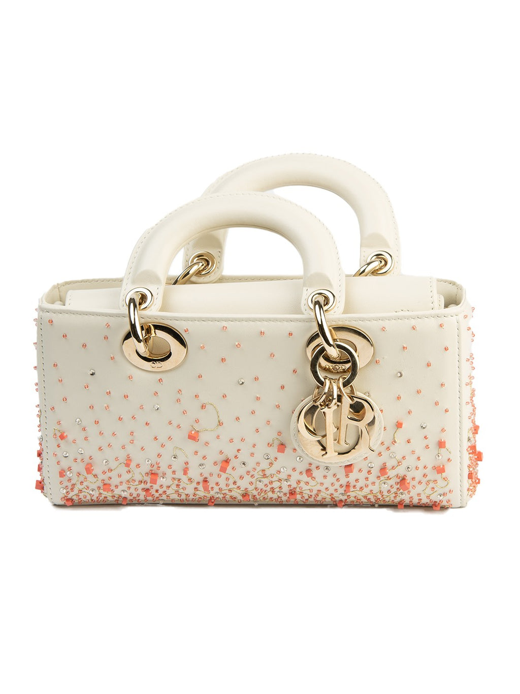 Bolsa Dior Lady Dior Capri, couro marfim bordado com contas coral e cristais, frente, com os charms D-I-O-R — Domus Giulietta