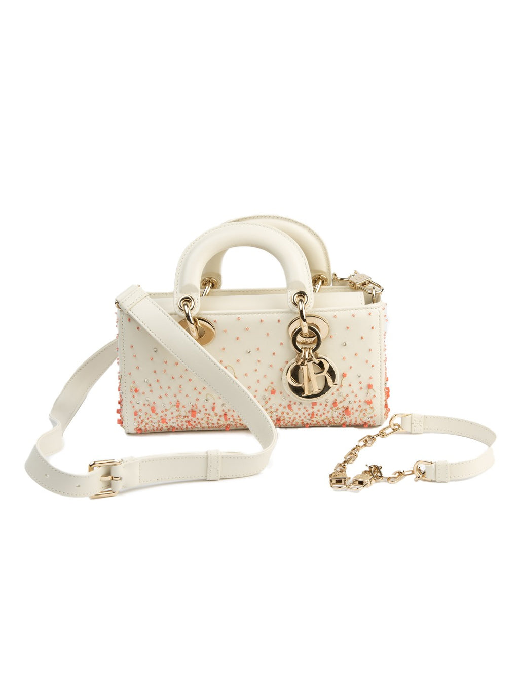 Bolsa Dior Lady Dior Capri, couro marfim bordado com contas coral e cristais, frente, com a alça de ombro removível — Domus Giulietta