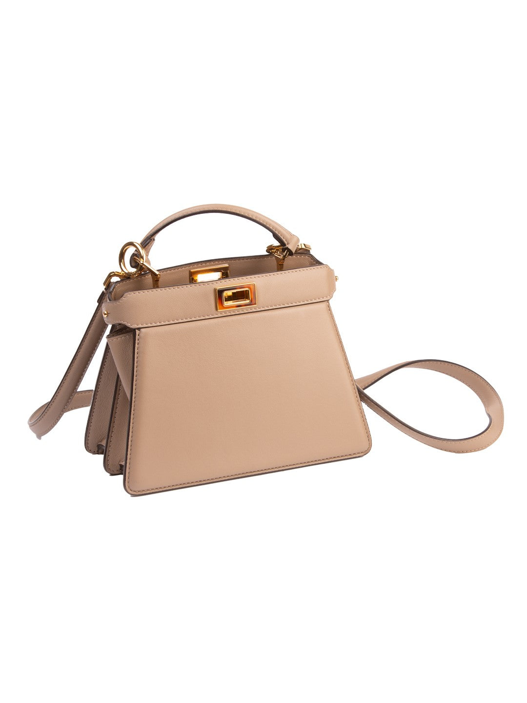 Bolsa Fendi Peekaboo ISeeU Small, couro liso bege, vista em três quartos, com a alça de ombro — Domus Giulietta
