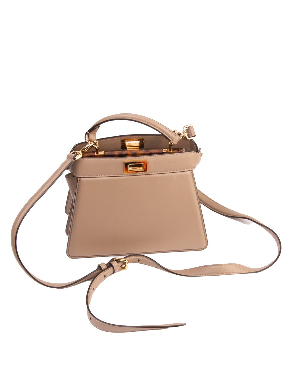 Bolsa Fendi Peekaboo ISeeU Small, couro liso bege, frente, aberta, com a alça de ombro estendida — Domus Giulietta