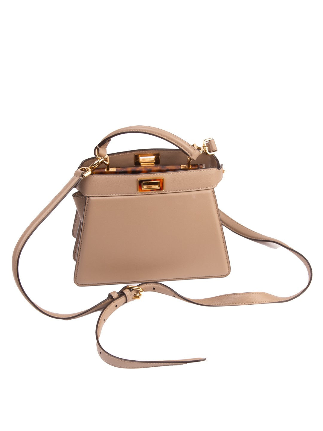 Bolsa Fendi Peekaboo ISeeU Small, couro liso bege, frente, aberta, com a alça de ombro estendida — Domus Giulietta