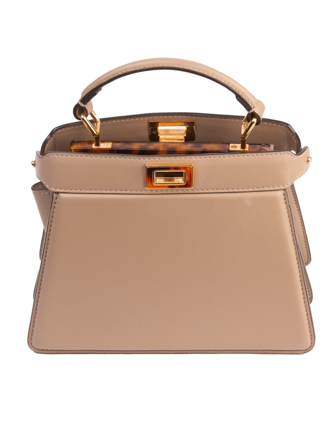 Bolsa Fendi Peekaboo ISeeU Small, couro liso bege, frente, aberta, com a partição interna à mostra — Domus Giulietta