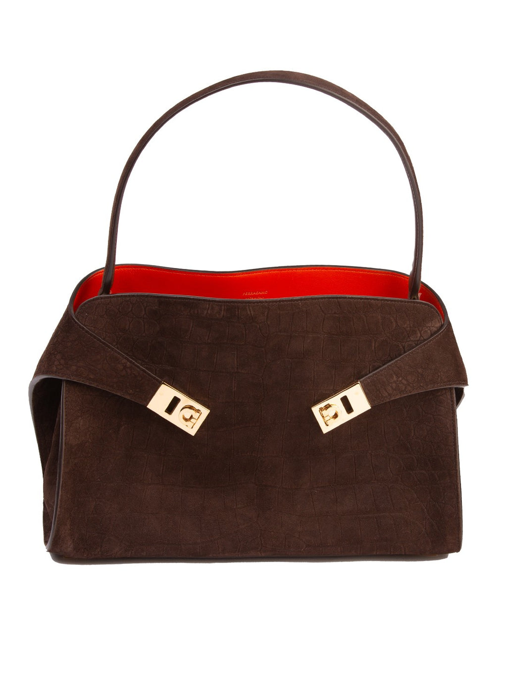 Bolsa Ferragamo My Hug, camurça marrom com gravação croco, frente, com as fivelas Gancini douradas — Domus Giulietta