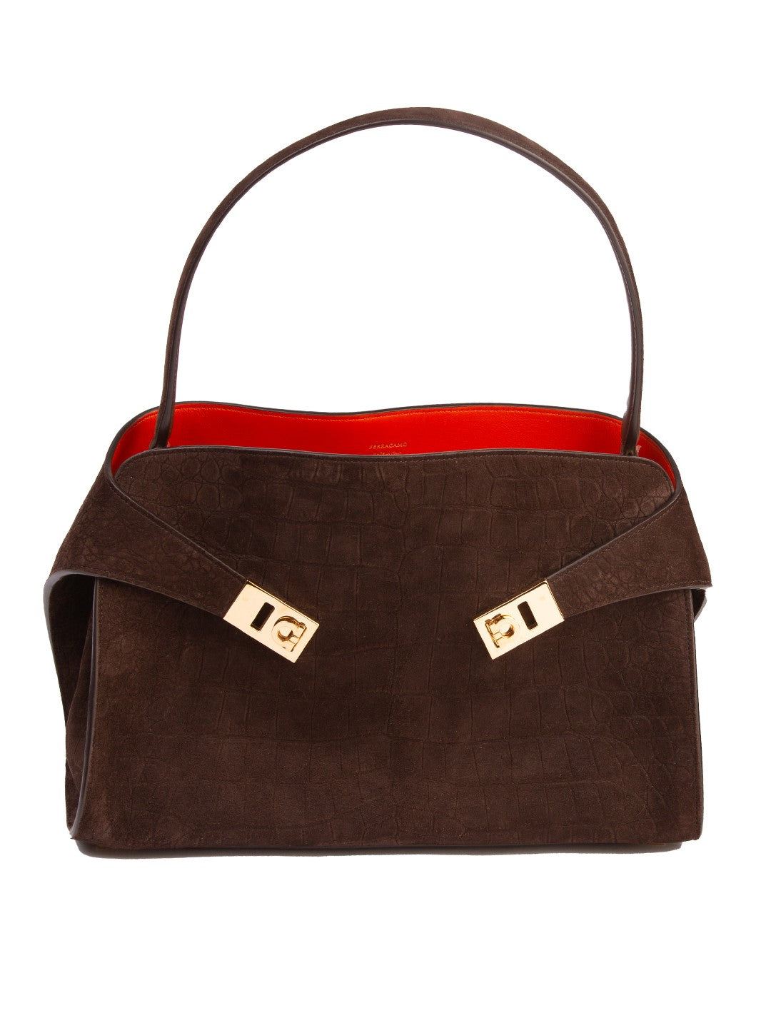Bolsa Ferragamo My Hug, camurça marrom com gravação croco, frente, com as fivelas Gancini douradas — Domus Giulietta