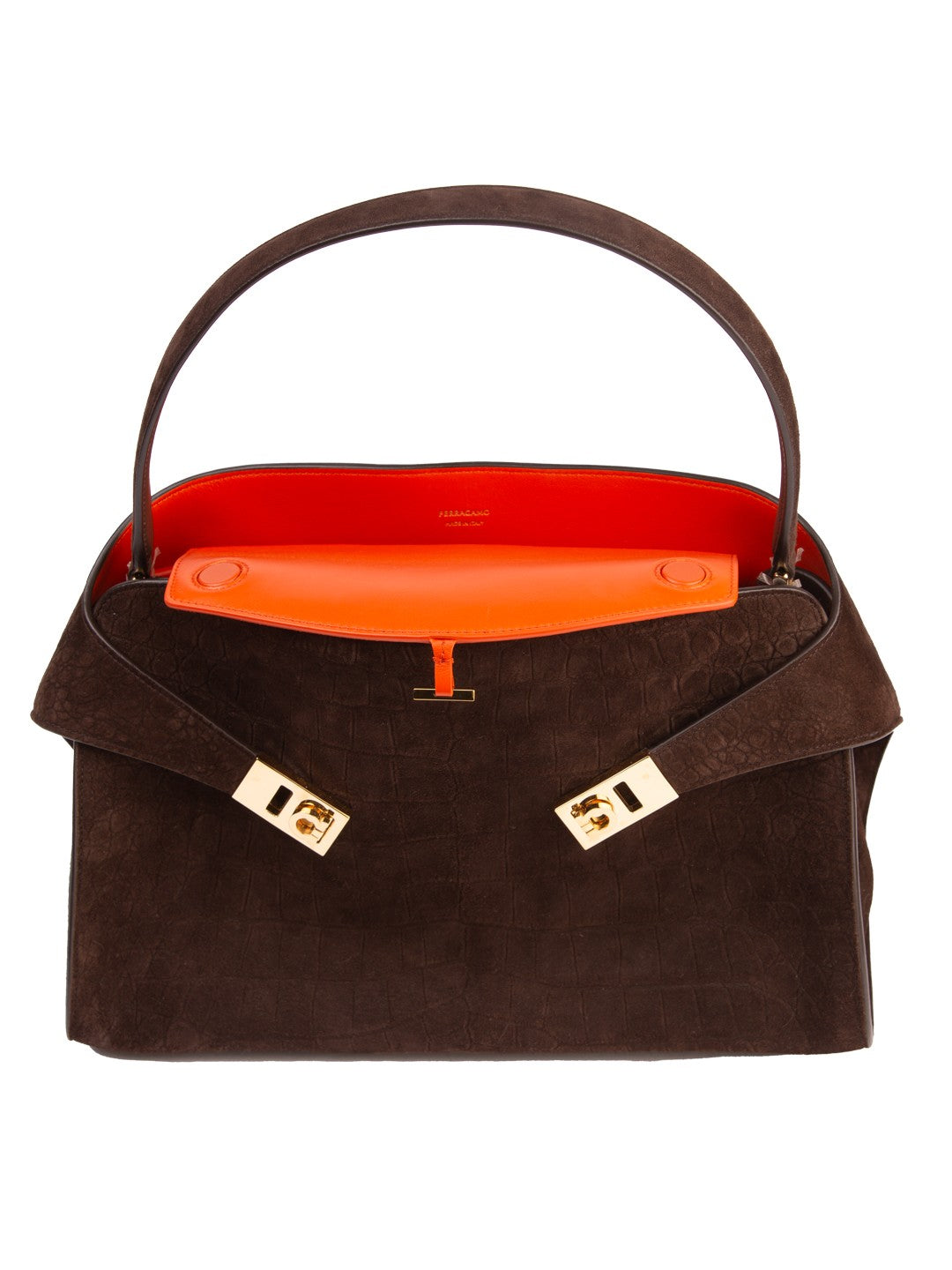 Bolsa Ferragamo My Hug, camurça marrom com gravação croco, interior aberto, com o forro vermelho-alaranjado — Domus Giulietta