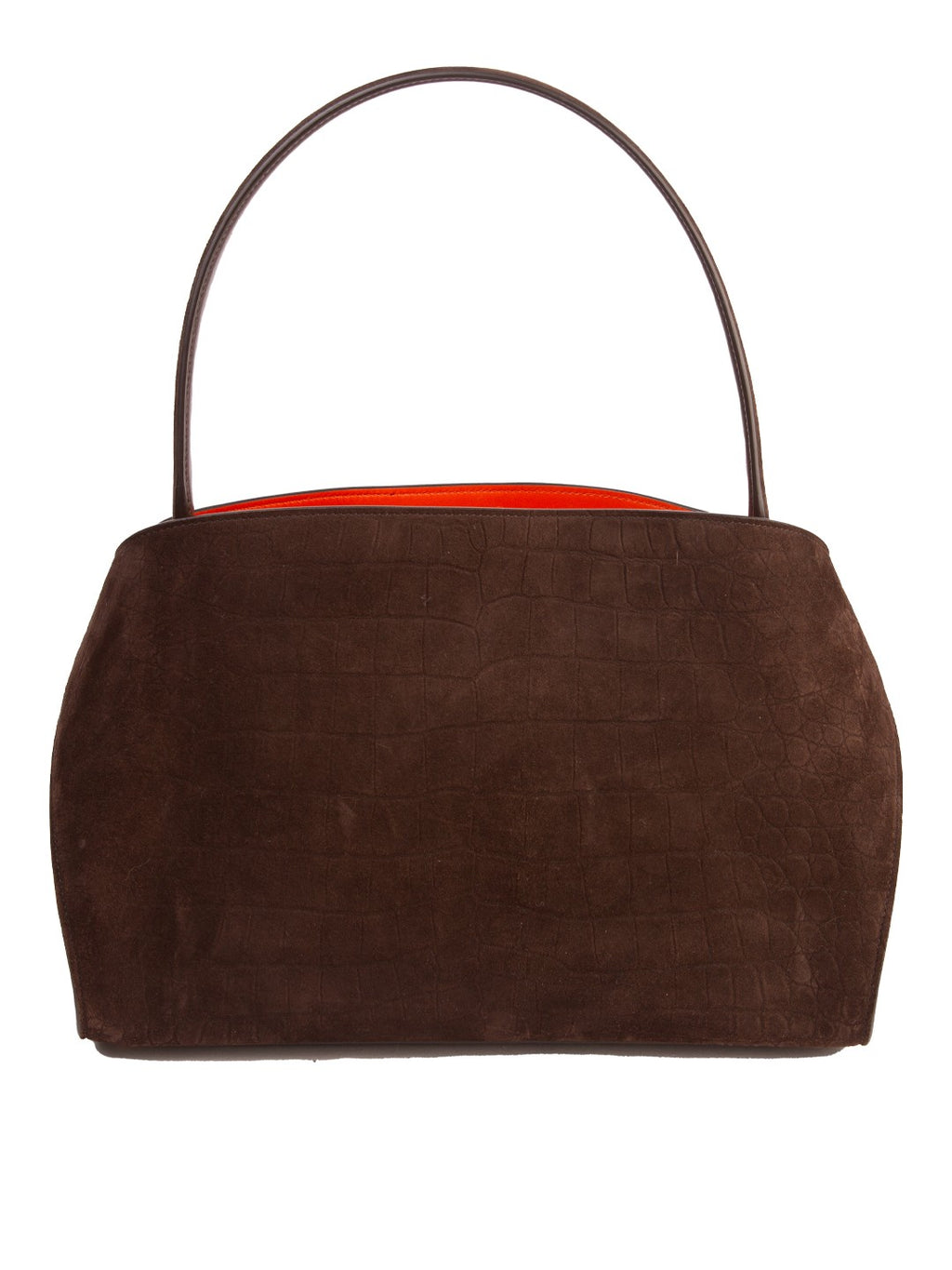 Bolsa Ferragamo My Hug, camurça marrom com gravação croco, verso — Domus Giulietta