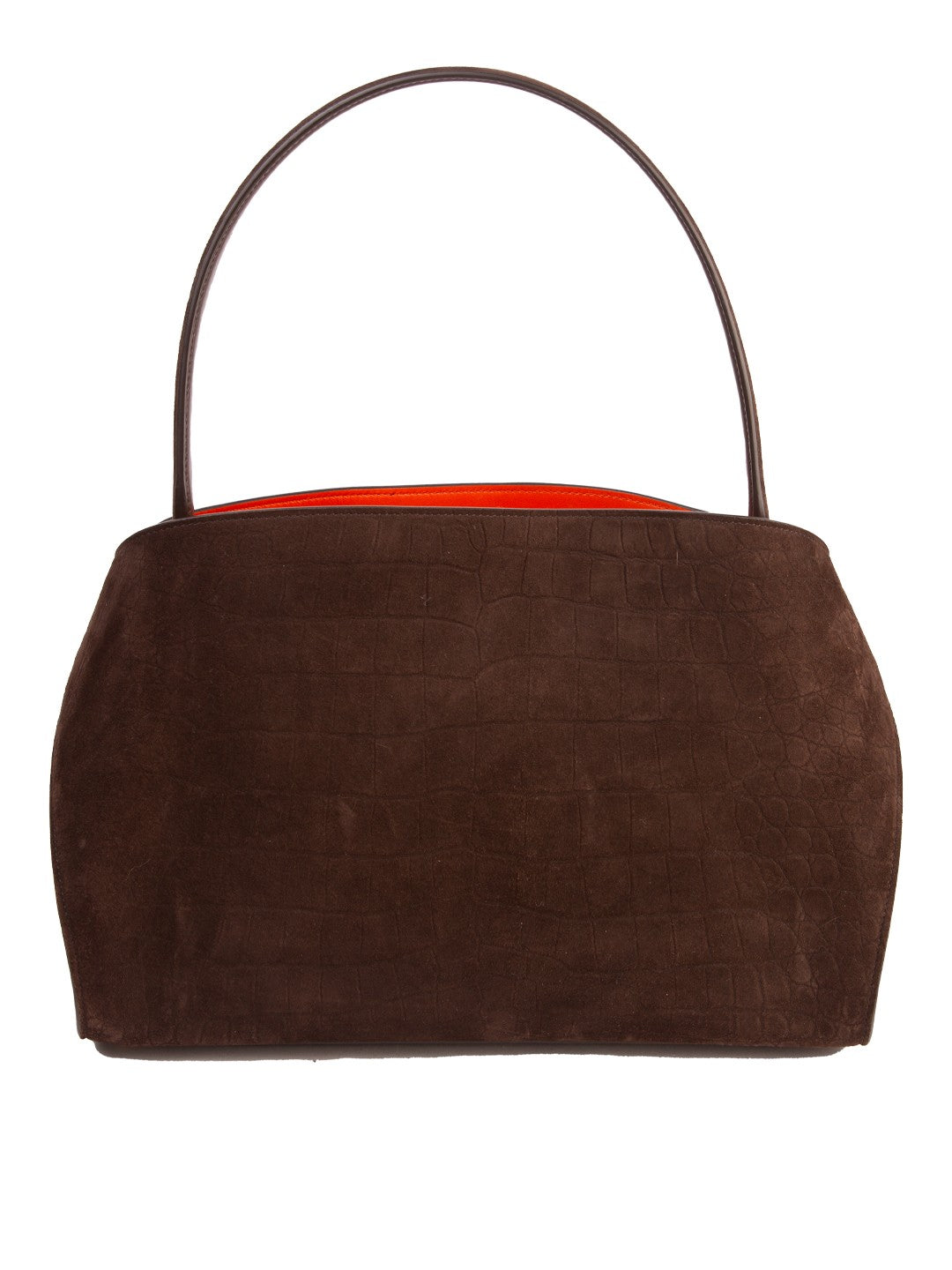 Bolsa Ferragamo My Hug, camurça marrom com gravação croco, verso — Domus Giulietta