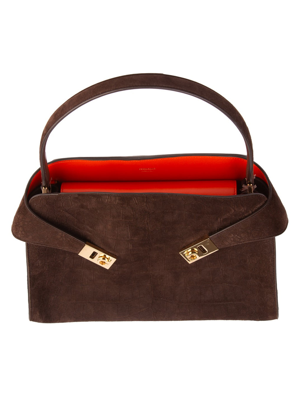 Bolsa Ferragamo My Hug, camurça marrom com gravação croco, frente, vista de cima, com o forro à mostra — Domus Giulietta