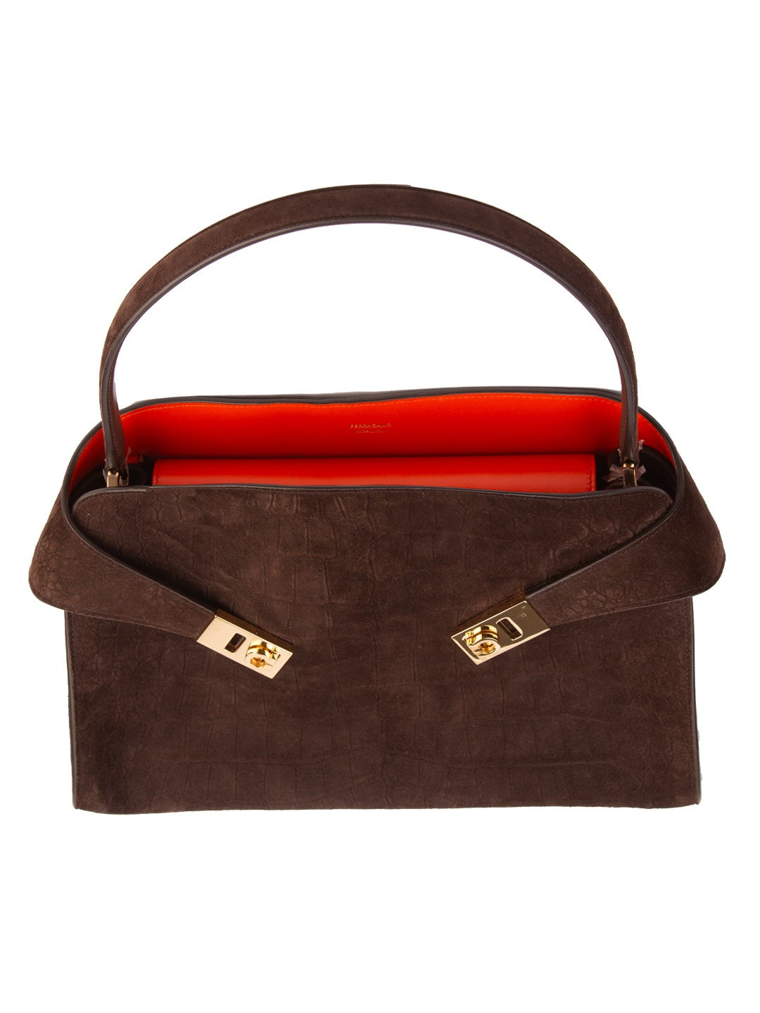 Bolsa Ferragamo My Hug, camurça marrom com gravação croco, frente, vista de cima, com o forro à mostra — Domus Giulietta