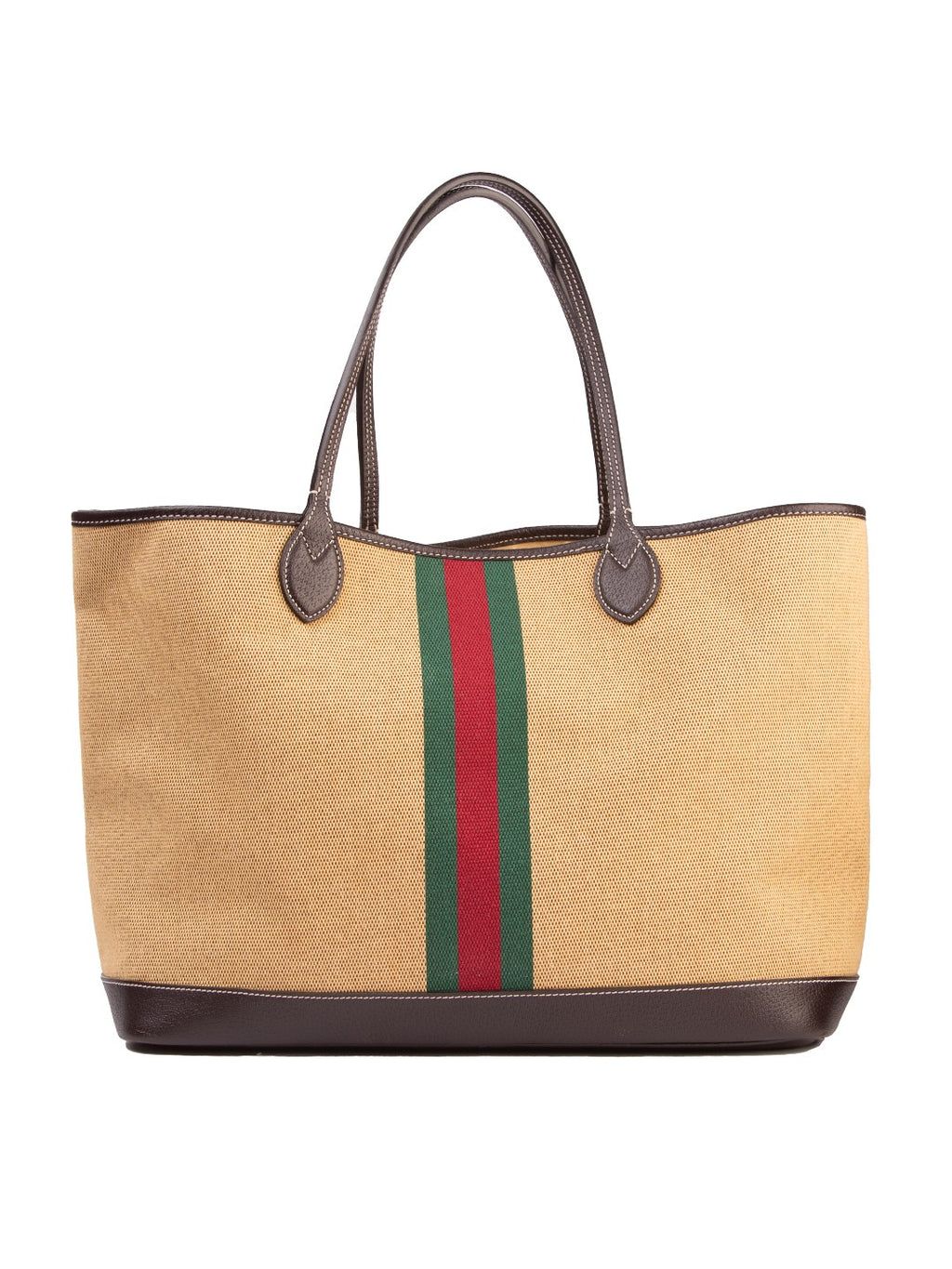 Bolsa Gucci Ophidia Straw Bag Large, lona bege trançada, frente, com a faixa Web verde-vermelho-verde — Domus Giulietta