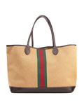 Bolsa Gucci Ophidia Straw Bag Large, lona bege trançada, frente, com a faixa Web verde-vermelho-verde — Domus Giulietta