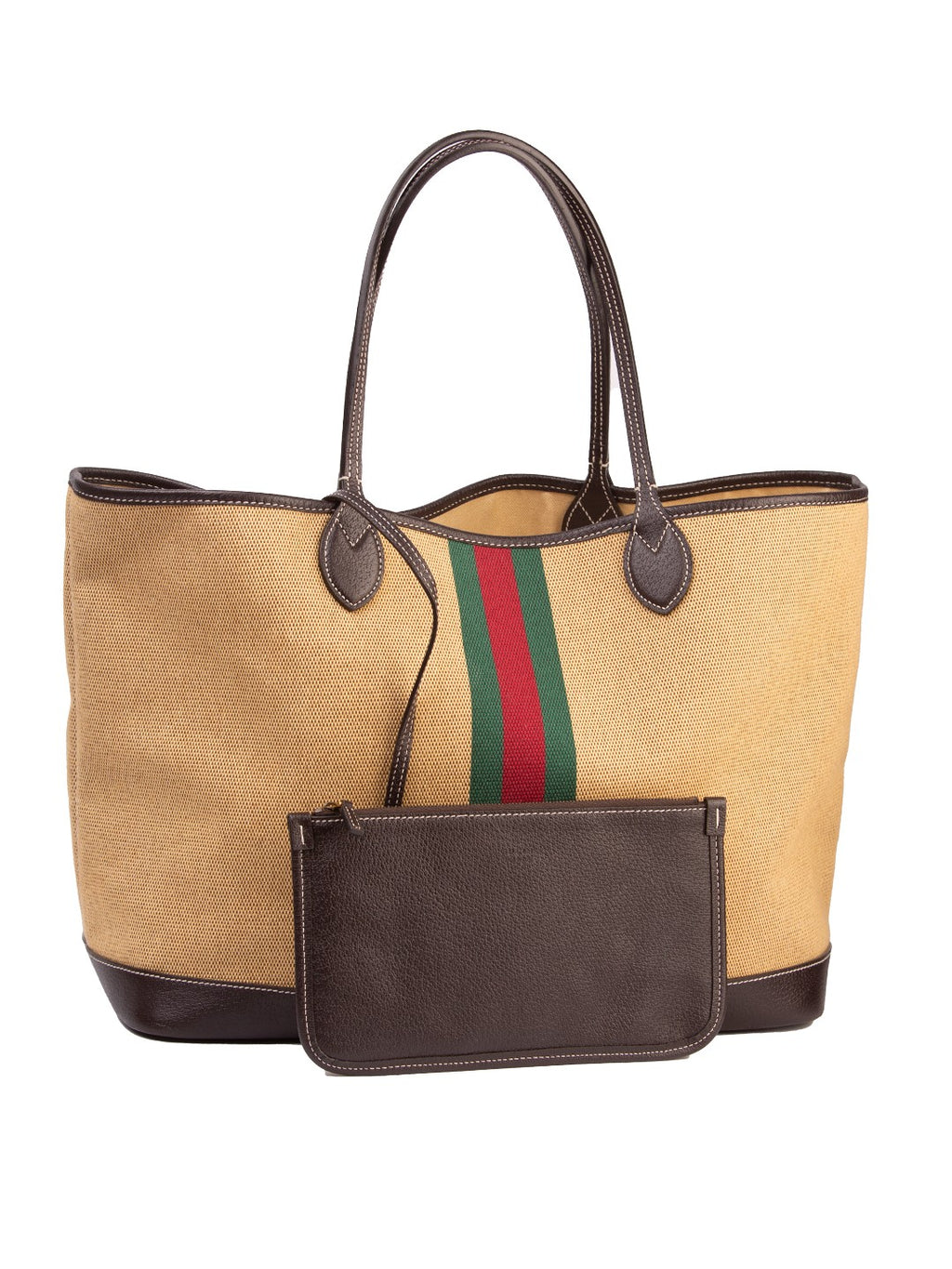 Bolsa Gucci Ophidia Straw Bag Large, lona bege trançada, frente, com a pochette de couro — Domus Giulietta