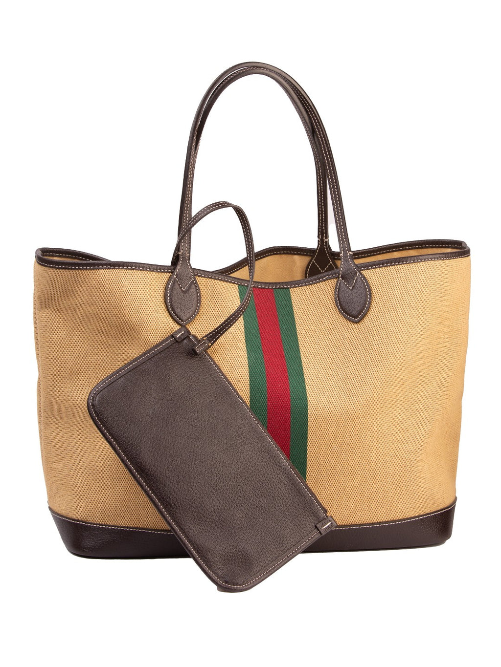 Bolsa Gucci Ophidia Straw Bag Large, lona bege trançada, vista em três quartos, com a pochette de couro — Domus Giulietta