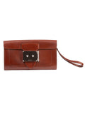 Bolsa Hermès Good Lock Pochette, couro box calf marrom, frente, com a alcinha de pulso — Domus Giulietta