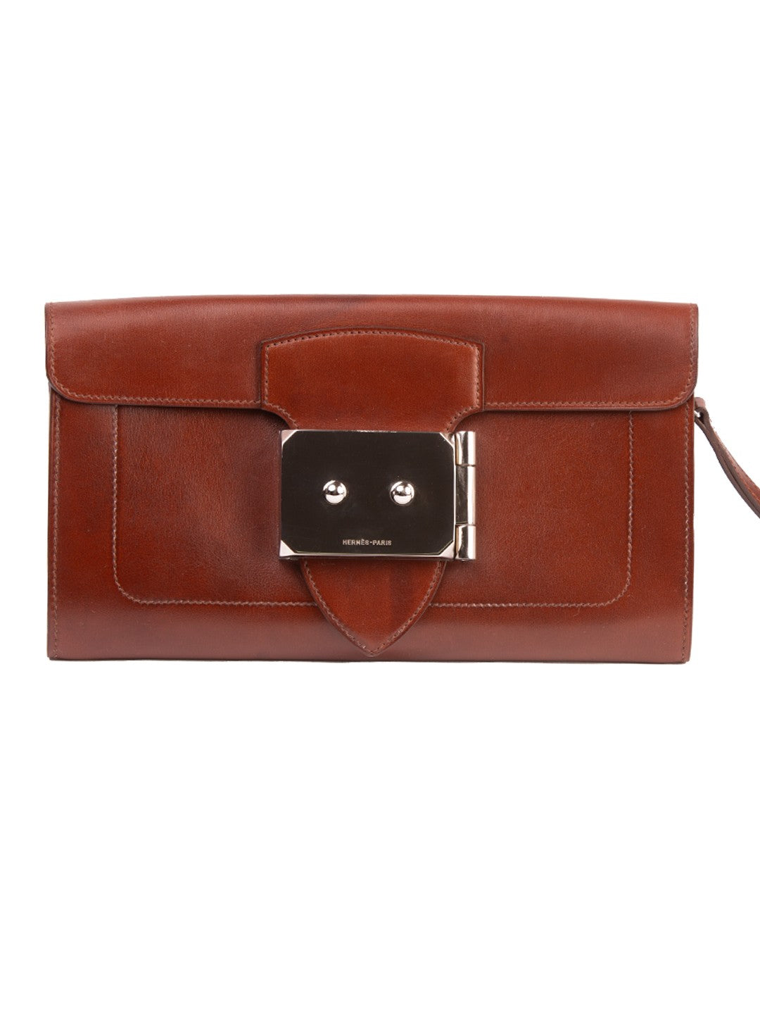 Bolsa Hermès Good Lock Pochette, couro box calf marrom, frente — Domus Giulietta