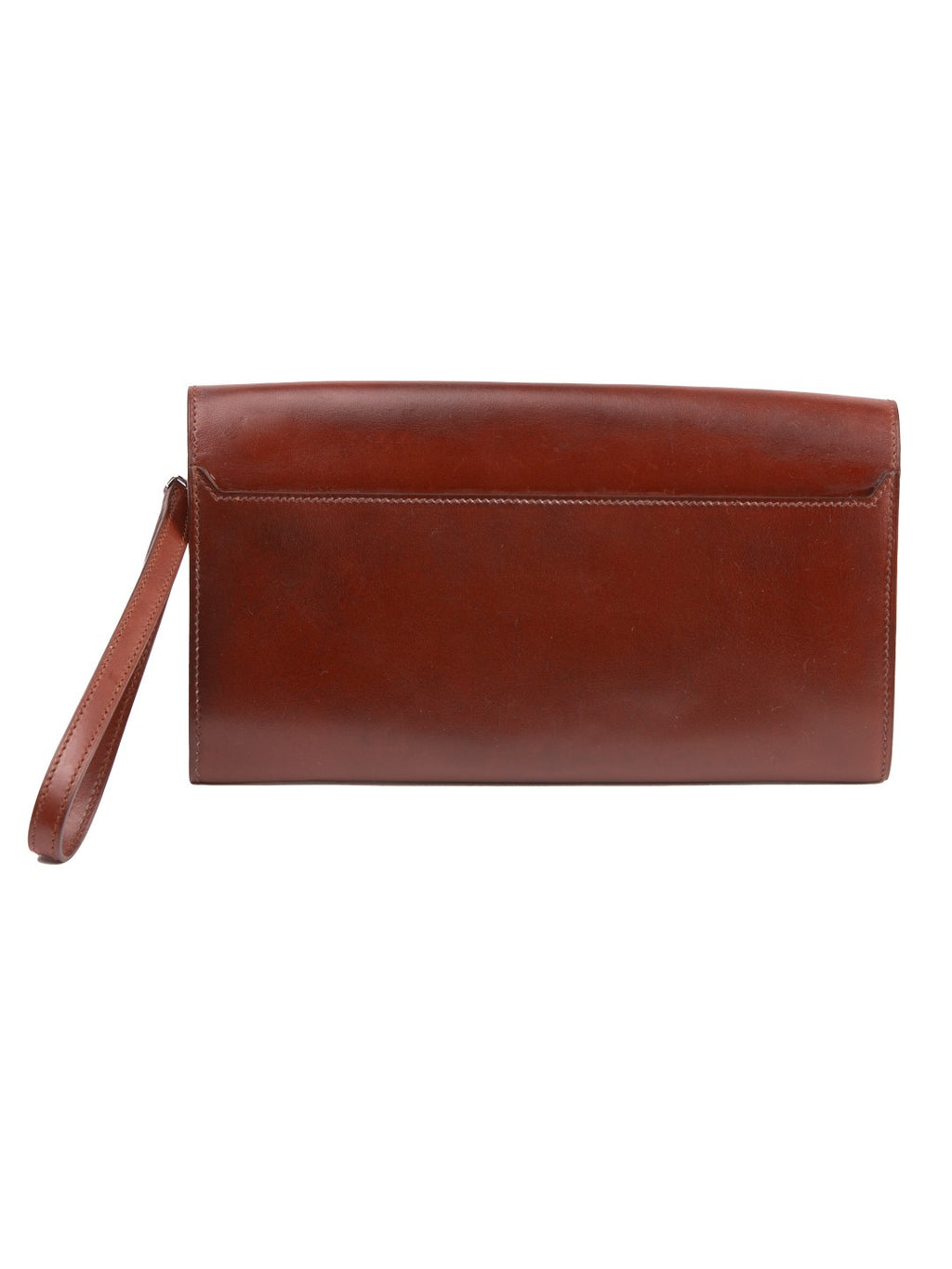 Bolsa Hermès Good Lock Pochette, couro box calf marrom, verso, com a alcinha de pulso — Domus Giulietta