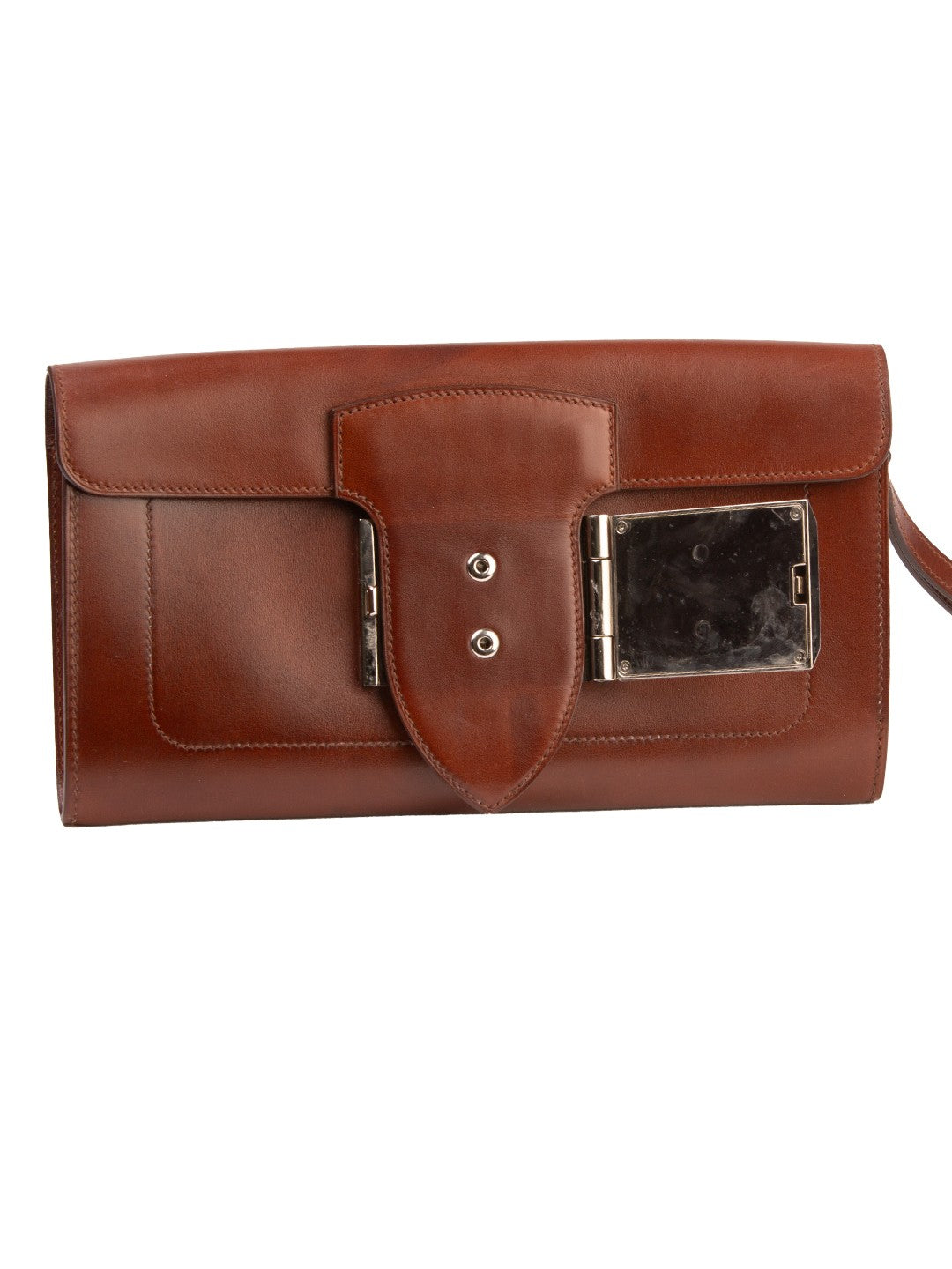 Bolsa Hermès Good Lock Pochette, couro box calf marrom, fecho Good Lock aberto — Domus Giulietta