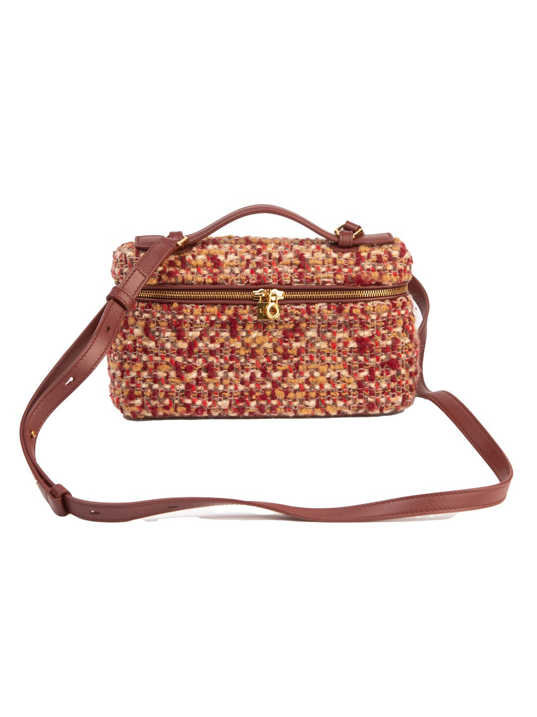 Bolsa Loro Piana Extra Pocket L19, bouclé multicolor, frente, com a alça de couro — Domus Giulietta