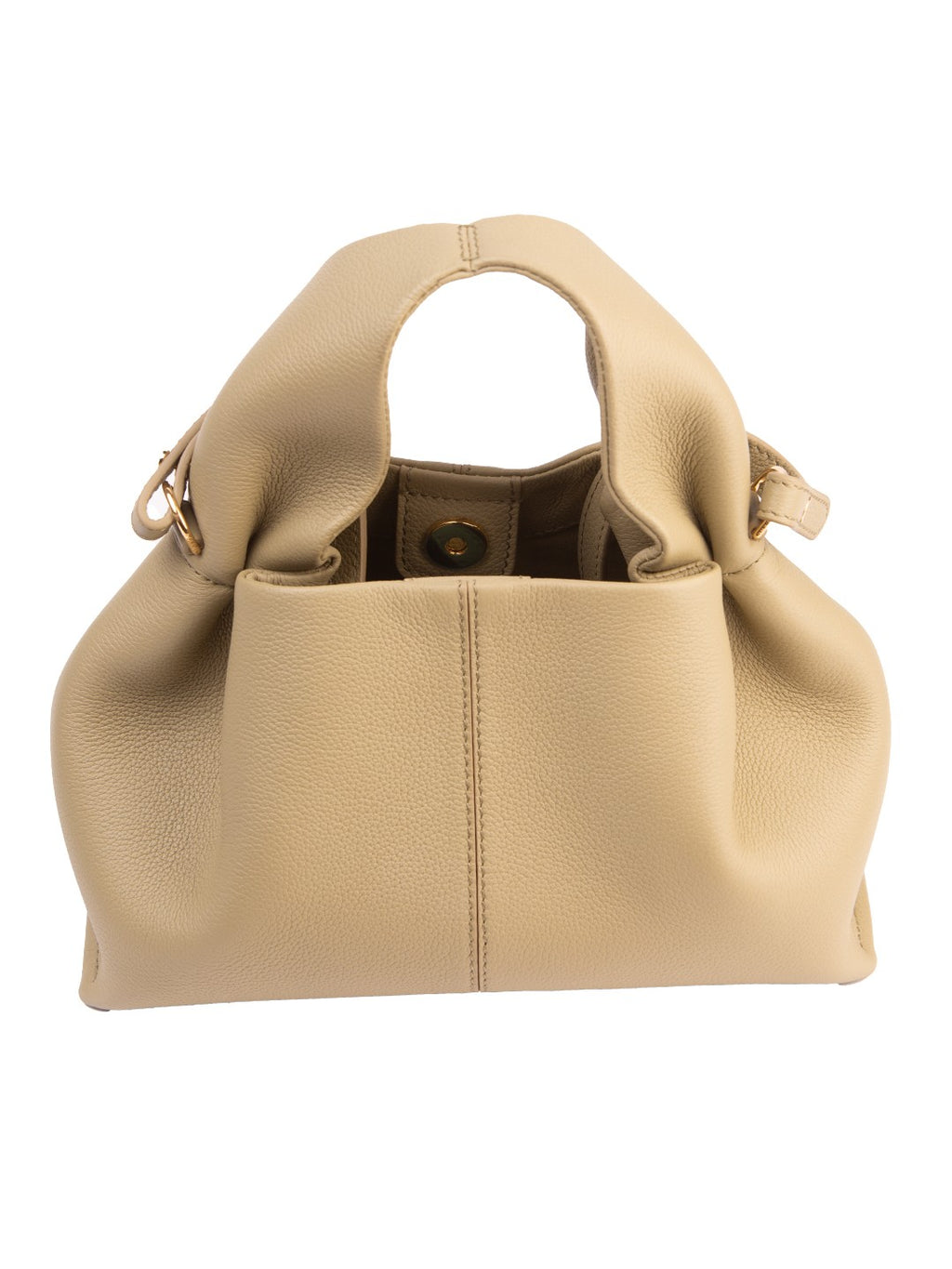 Bolsa Polène Numéro Neuf Mini, couro areia texturizada, frente, com a abertura superior — Domus Giulietta