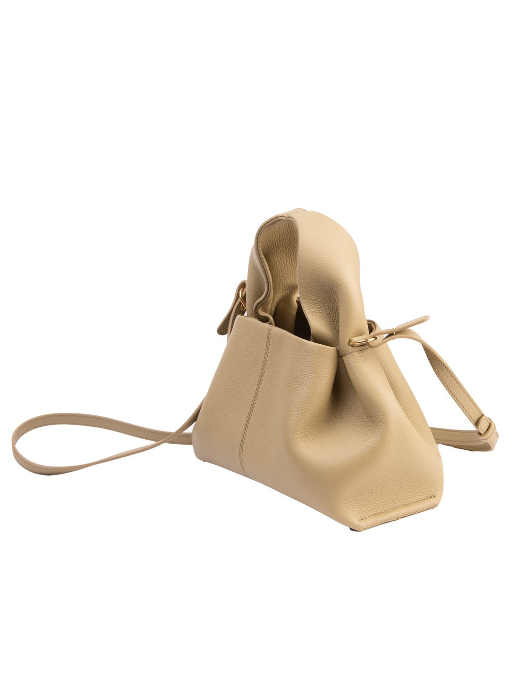 Bolsa Polène Numéro Neuf Mini, couro areia texturizada, lateral, com a alça tiracolo — Domus Giulietta