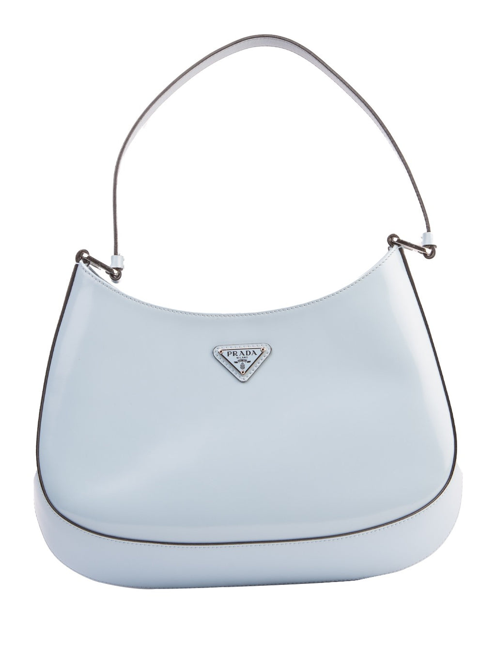 Bolsa Prada Cleo, couro liso azul gelo, frente, com o triângulo metálico da Prada — Domus Giulietta