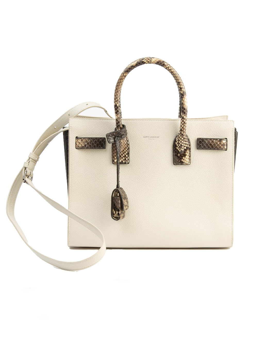 Bolsa Saint Laurent Sac de Jour, couro marfim, frente, com a alça de ombro — Domus Giulietta