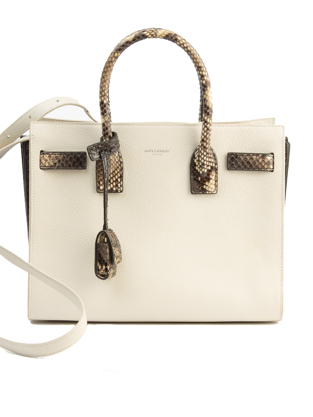 Bolsa Saint Laurent Sac de Jour, couro marfim, frente, com a gravação SAINT LAURENT PARIS — Domus Giulietta