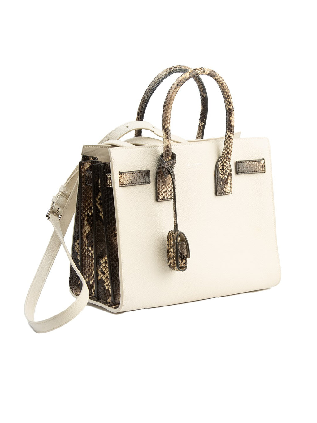 Bolsa Saint Laurent Sac de Jour, couro marfim, vista em três quartos, com a lateral à mostra — Domus Giulietta