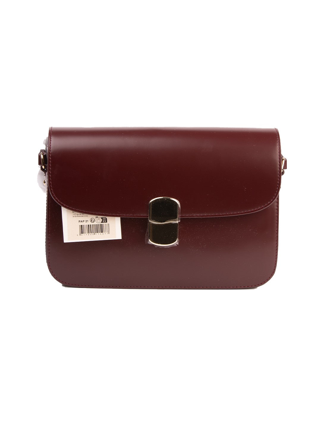 Bolsa Sézane Sac Milo Classique, couro liso bordeaux, frente, com a etiqueta original presa — Domus Giulietta
