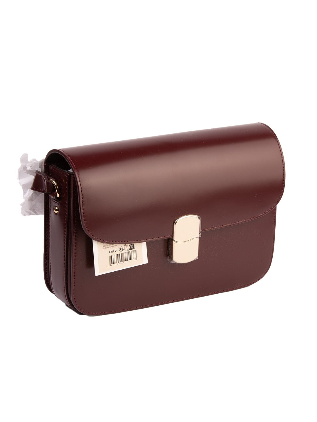 Bolsa Sézane Sac Milo Classique, couro liso bordeaux, vista três-quartos, com a etiqueta original — Domus Giulietta