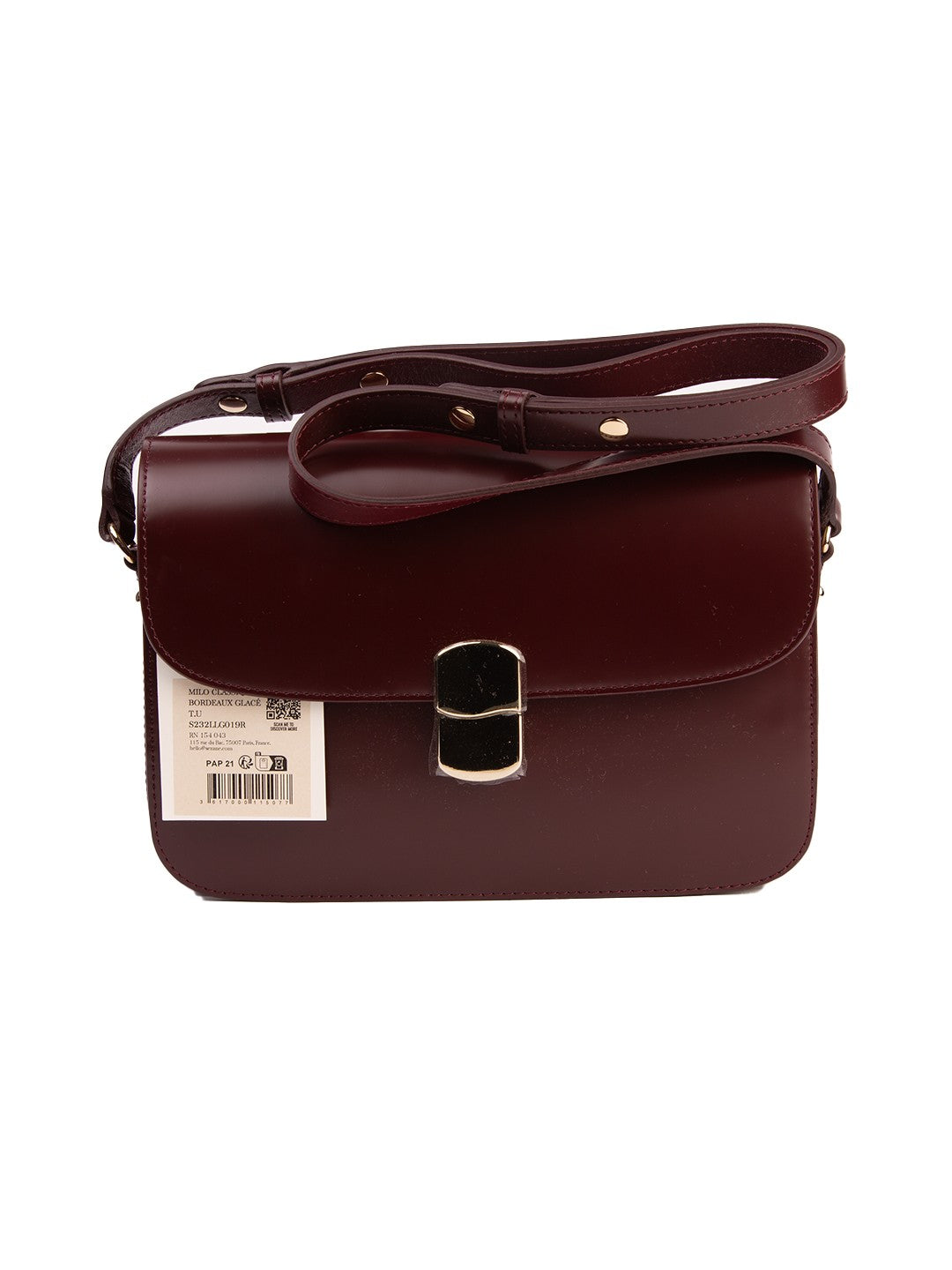 Bolsa Sézane Sac Milo Classique, couro liso bordeaux, frente, com a alça ajustável e a etiqueta original — Domus Giulietta